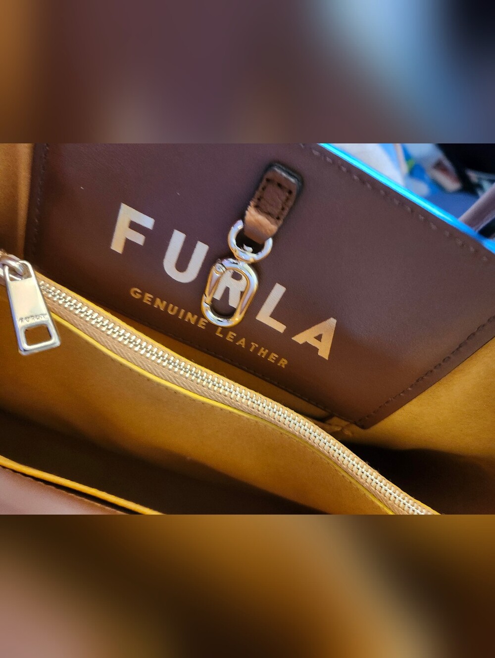 Furla Gilda Cognac Brown Leather Mini Tote Handbag NWOT Mustard Suede Giftable - Picture 10 of 10